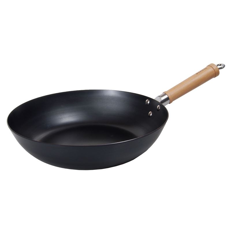 Benzer – Far East Collection Black Carbon Steel Induction Wok with Wooden Handle 30cm