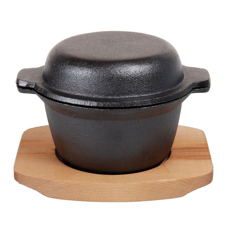 Benzer – Sizzle Cast Iron Garlic Prawn Dish with Wooden Tray 12cm