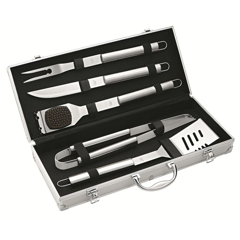 Avanti – Bbq Essentials Tool 6 Piece Set: Turner – Tongs – Fork – Knife – Copper Brush And Aluminium Carry Case