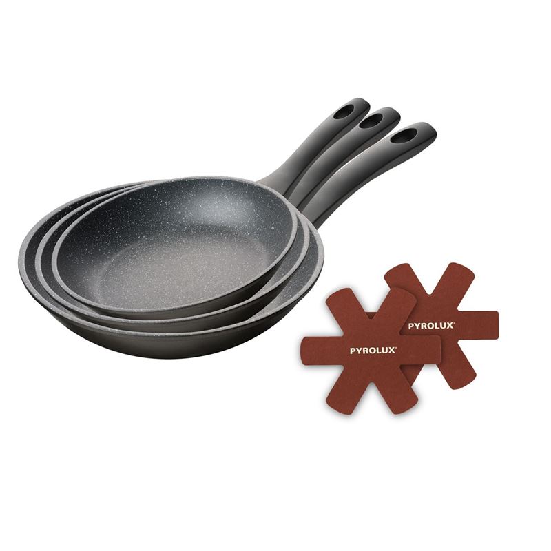 PyroStone by Pyrolux – 3pc Frypan Pack 20,26 and 30cm with BONUS Felt Protectors