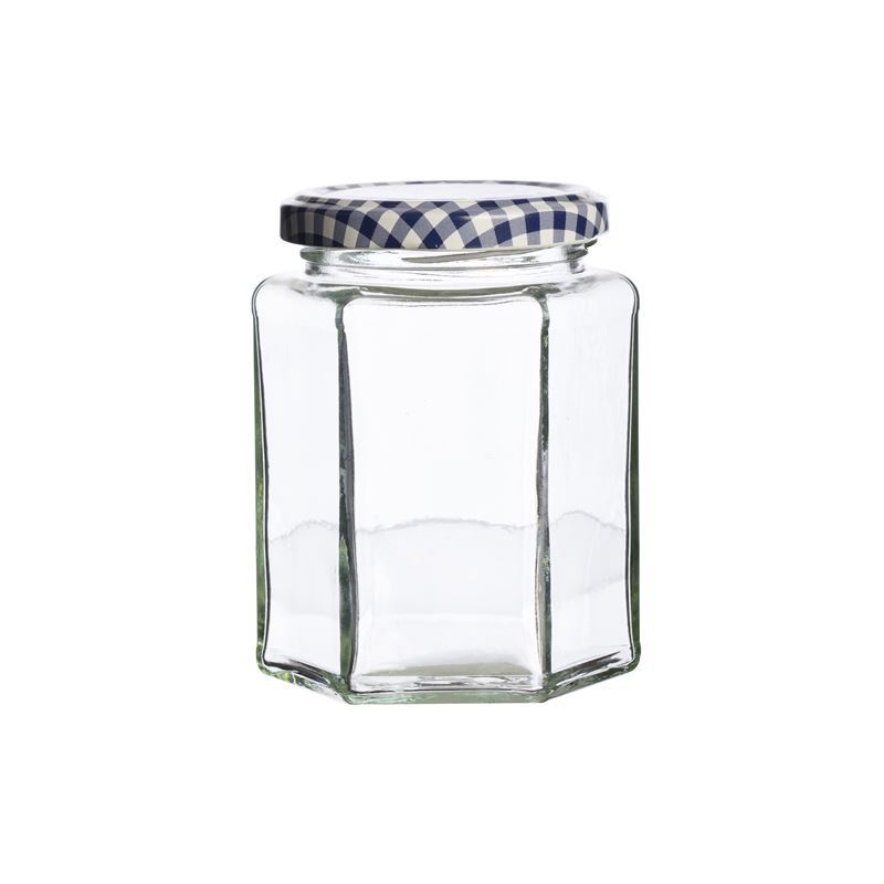 Kilner – Hexagonal Twist Top Jar Blue Check Lid 280ml (Made in England)