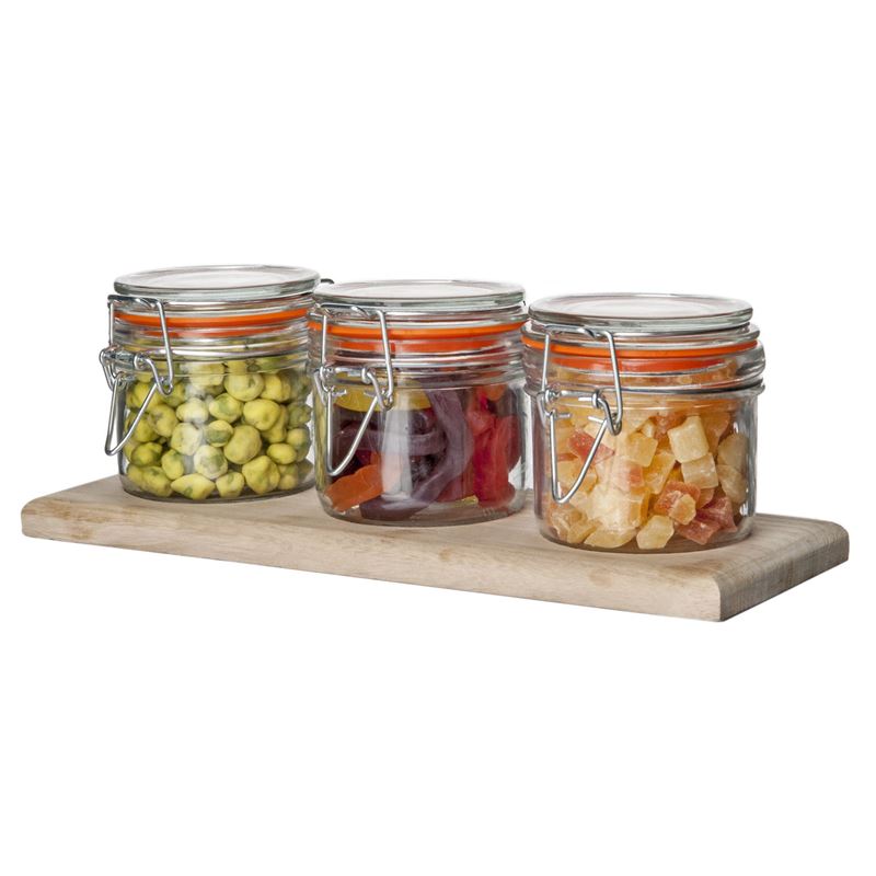 Benzer – Martha’s Glass Storage Jars with Airtight Lids on Wooden Tray 200ml 10×21.5cm