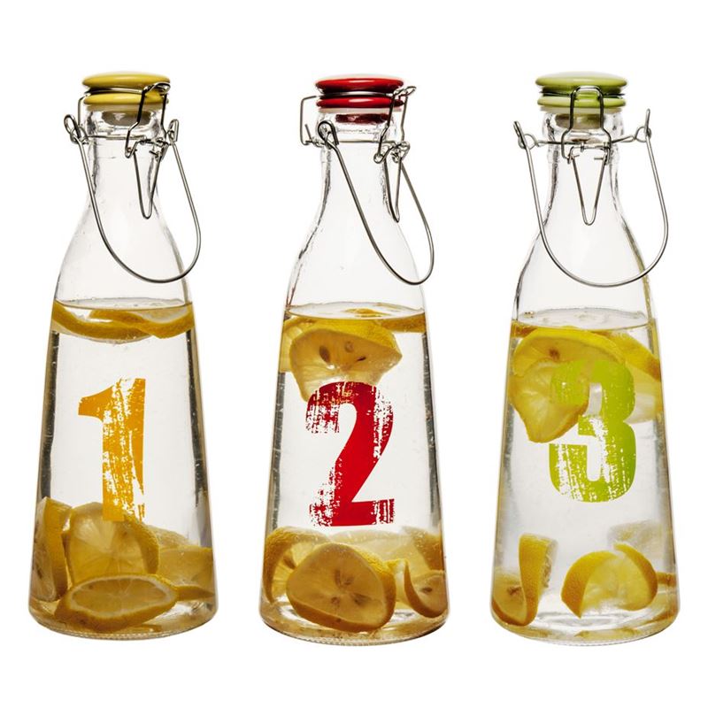 Benzer – Numero Glass Beverage Bottles Set of 3 with Airtight Clip & Seal Tops 1 Ltr 10.2x29cm