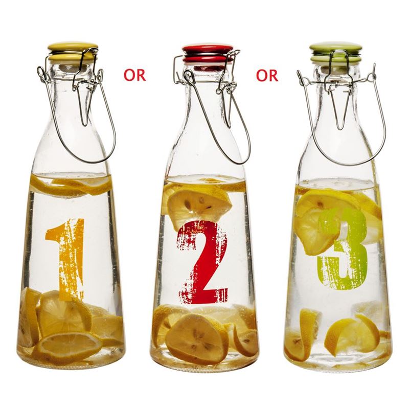 Benzer – Numero  Glass Beverage Bottle with Airtight Clip&Seal Tops 1 Ltr 10.2x29cm