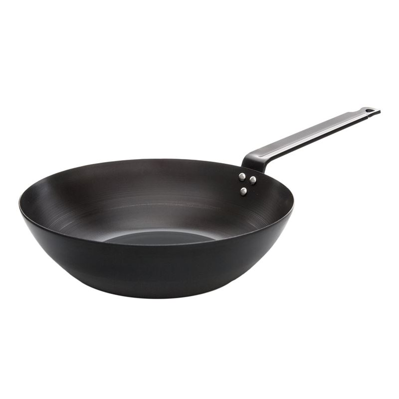 Benzer – Far East Collection Black Carbon Steel Induction Wok with Commercial Iron Handle 25cm