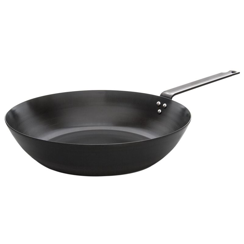 Benzer – Far East Collection Black Carbon Steel Induction Wok with Commercial Iron Handle 30cm